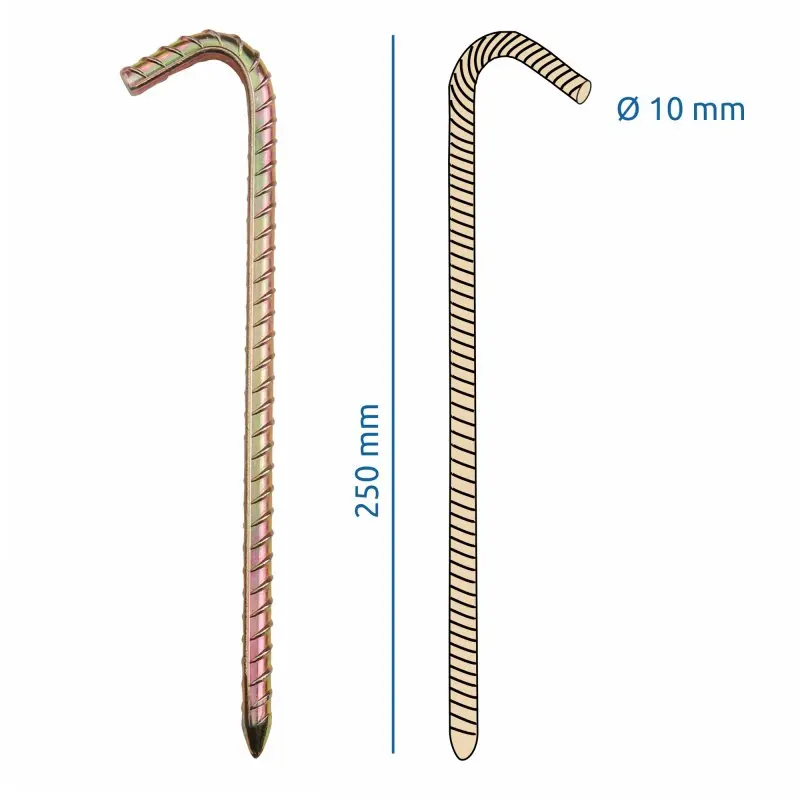 Robuster your GEAR Zelthering RX 250 aus rippenverstärktem Stahl, 250 mm lang, 10 mm Durchmesser, mit gebogenem Kopf und spitzer Spitze, ideal zur sicheren Befestigung von Zelten und Vorzelten.
