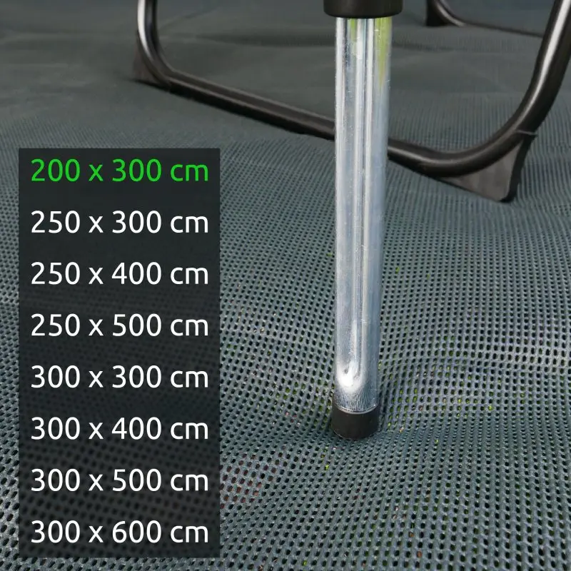 Outdoor soft carpet by your GEAR, 200 x 300 cm, shown in grey with open-pore structure. Close-up of metal chair leg on carpet, size options listed on left. Ideal as awning or tent carpet.