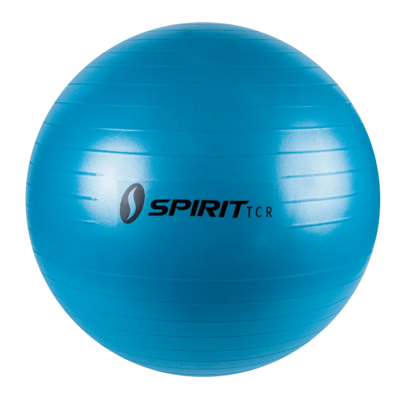 Ballon de gymnastique Spirit TCR bleu, diamètre 55 cm, surface antidérapante avec lignes, logo noir visible. Idéal pour fitness, yoga, exercices d’équilibre et siège de bureau.