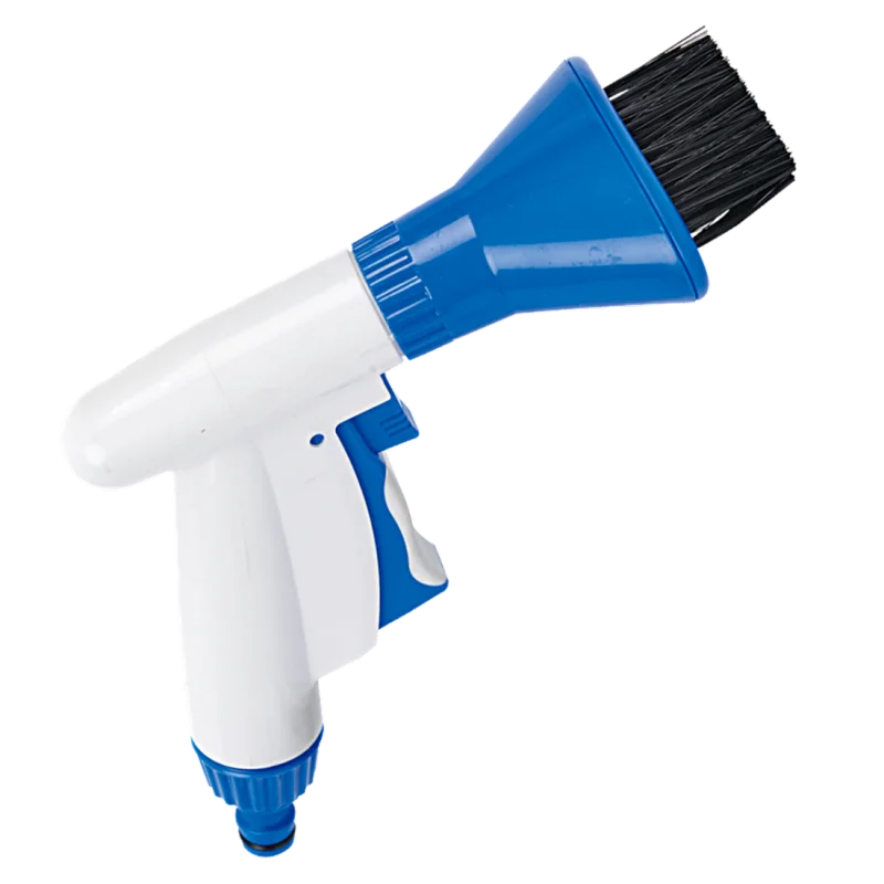 Brosse de nettoyage Jilong pour piscine, poignée ergonomique blanche et bleue, embout à poils noirs et connexion pour tuyau d’arrosage, idéale pour cartouches de filtre, parois et sols de piscine.