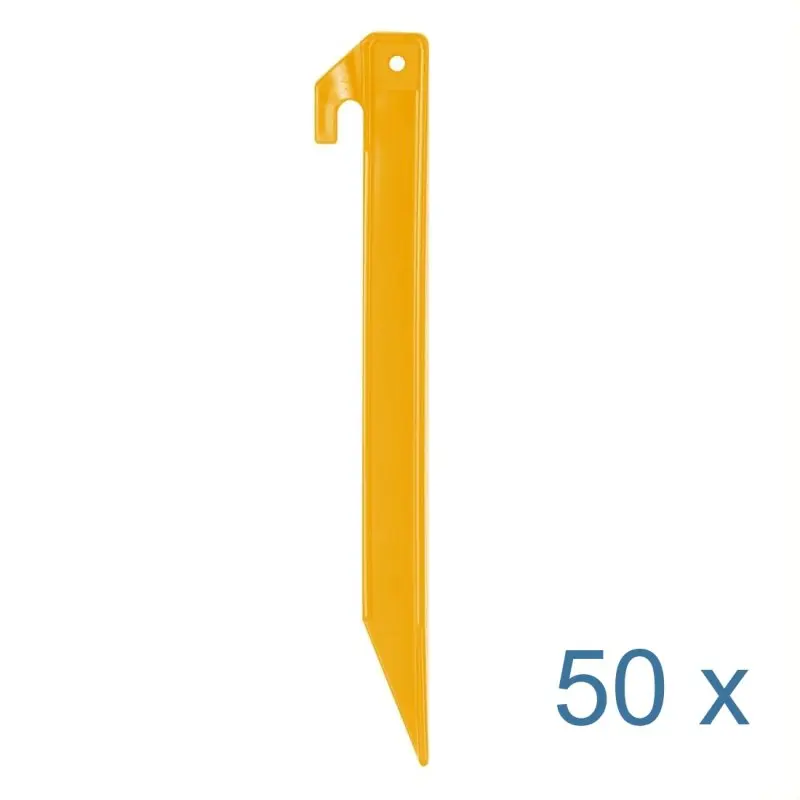Set de 50 piquets de tente yourGEAR T22-ABS en plastique ABS jaune, profil en T, 220x20x20 mm, avec crochet et trou pour corde, idéal pour ancrer des tentes sur sol dur ou mou, camping sécurisé.