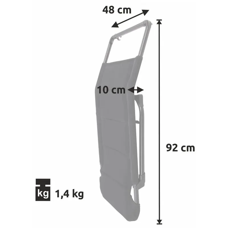 Folded yourGEAR Sovana 3D camping footrest with 3D mesh cover, aluminum frame; dimensions 92 cm height, 48 cm width, 10 cm depth, weight 1.4 kg. Ideal as a footrest for Sovana 3D recliner chairs.