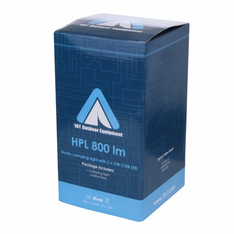 Blue packaging of the 10T HPL 800 camping lamp, featuring 800 lumens brightness, 3x5W COB LEDs, and the 10T Outdoor Equipment logo. Text and technical details are clearly visible on the box.