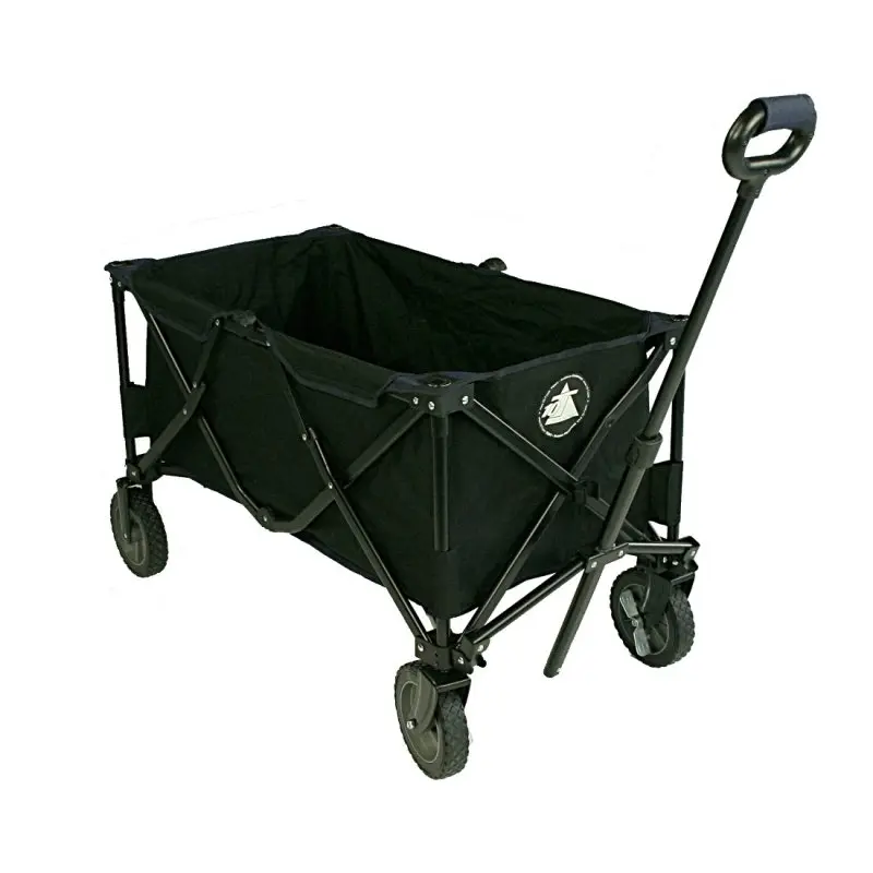 Chariot pliable 10T Foldy Trolley XL noir, à structure métallique, quatre roues robustes, poignée ergonomique, tissu résistant aux intempéries, idéal pour plage, parc ou sorties en famille.
