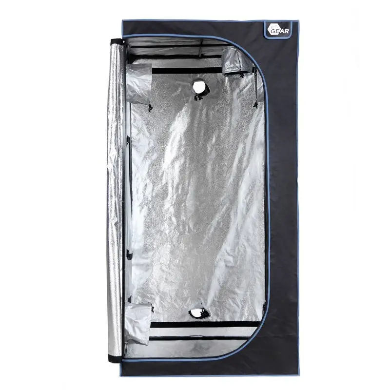 Growzelt yourGEAR Plantsville 100x100x200 cm, geöffnet, mit reflektierender Innenbeschichtung, stabiler schwarzer Außenhülle, mehreren Lüftungsöffnungen und Sichtfenster, ideal für Indoor-Pflanzenzucht.