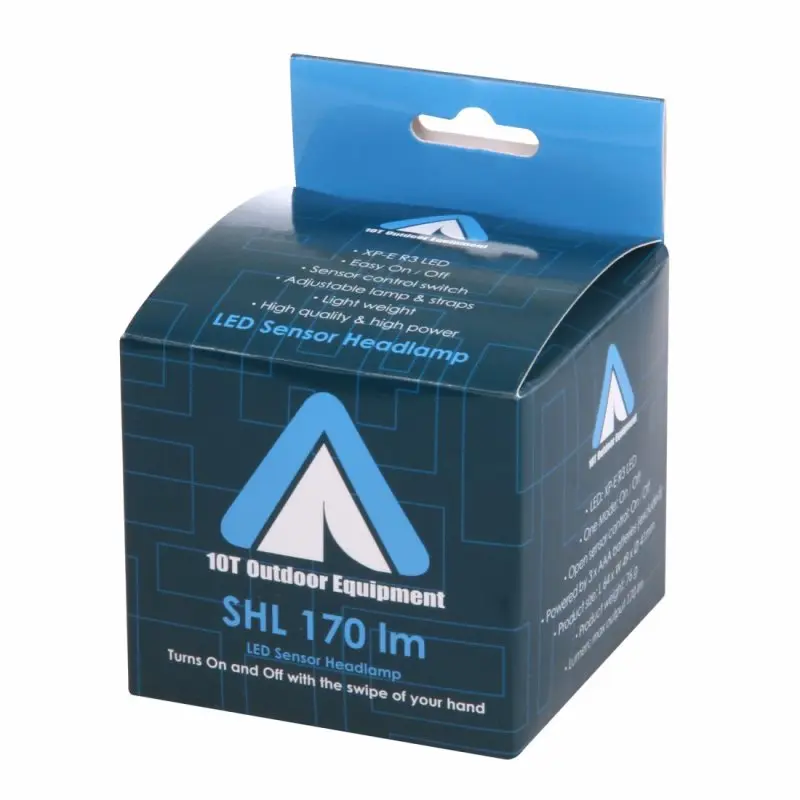 Blue retail packaging of the 10T SHL 170 sensor headlamp, featuring 170 lumens, CREE XP-E R3 LED, sensor control, and branding “10T Outdoor Equipment”; box highlights key features and product name.