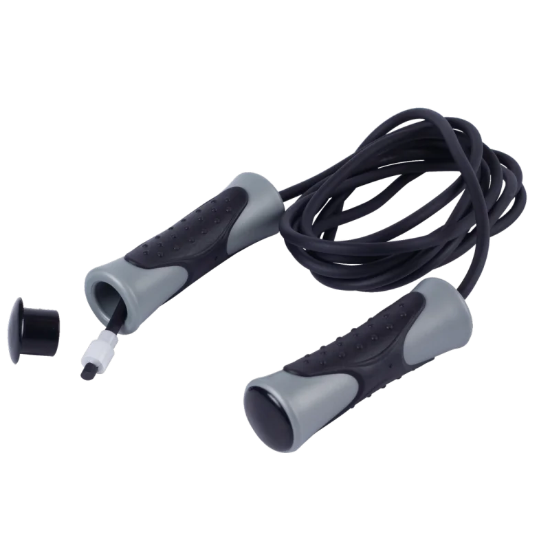 Spirit Speed Rope skipping rope for fitness, with black and grey ergonomic handles, textured grip, and an adjustable black cable; ideal for boxing, cardio, and endurance workouts. One handle cap is removed to show adjustment.