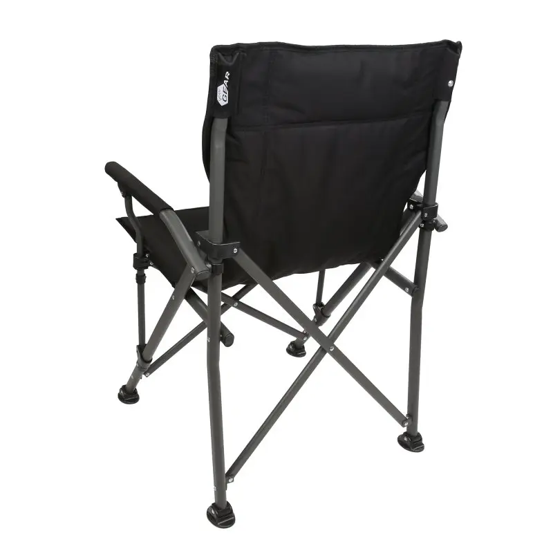 Sedia da campeggio your GEAR Pesaro con struttura pieghevole in metallo, seduta e schienale imbottiti in 3D mesh nero, braccioli e piedini robusti, portata 160 kg, vista posteriore.