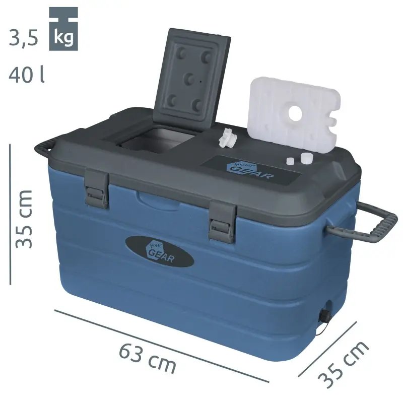 yourGEAR Coolah 40L Kühlbox in Blau mit PU-Isolierung, Tragegriffen, zwei Verschlüssen und Maßen 63x35x35 cm, 3,5 kg Gewicht, geeignet zum Kühlen und Warmhalten von Lebensmitteln.