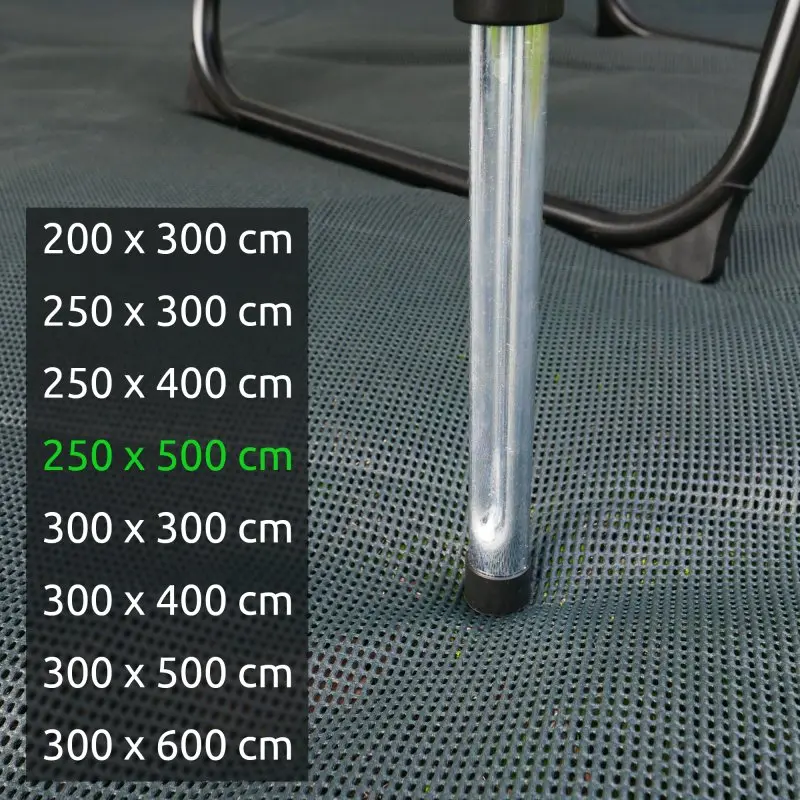 Outdoor soft carpet 250 x 500 cm from your GEAR, shown as a grey, open-porous tent carpet with textured surface, under a metal chair leg; size options listed on the left. Ideal for camping and awnings.