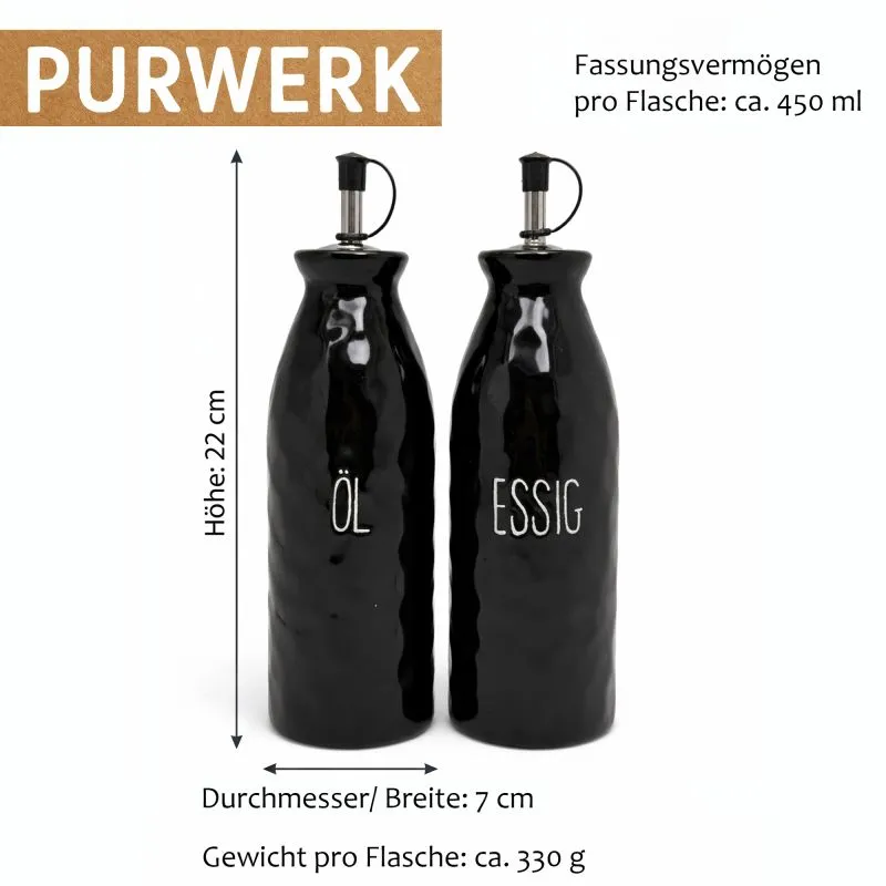 PURWERK Essig und Öl Set Schwarz Keramik mit Ausgießer – Hammerschlag-Design