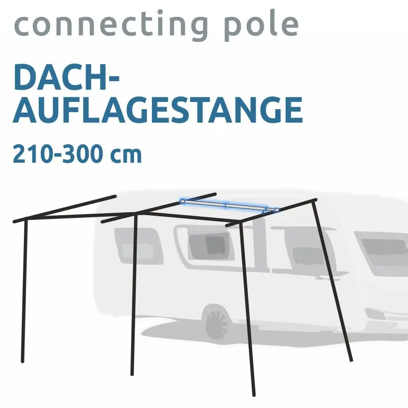 Barre de toit télescopique en aluminium your GEAR, longueur réglable de 210 à 300 cm, pour armature d’auvent, structure illustrée devant une caravane, diamètre du tube 25/22 mm.
