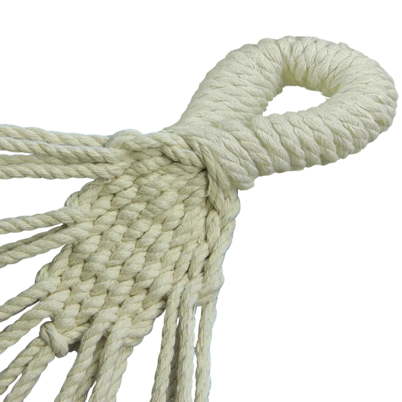Extremo de cuerda gruesa de algodón trenzada con lazo de sujeción, parte del sistema de fijación de la hamaca 10T Devellin XL para una persona, ideal para jardín, camping o terraza.