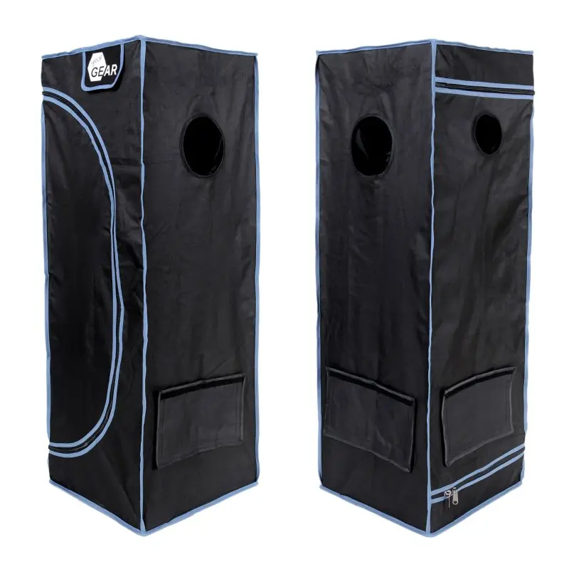 Growzelt yourGEAR Plantsville 40x40x120 cm, schwarzes Indoor Zuchtzelt mit blauen Nähten, runder Belüftungsöffnung, Sichtfenster und Reißverschluss, ideal für Pflanzenanzucht und Indoor-Gewächshaus.