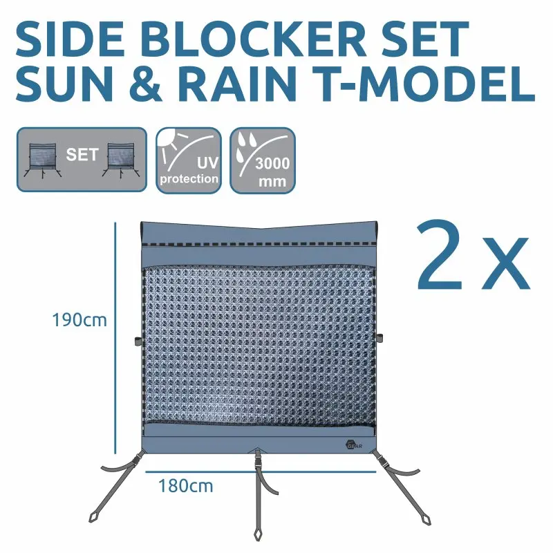Set of 2 your GEAR Sun + Rain Blocker side walls for camper awnings, each 180x190 cm, with UV protection, 3000 mm water resistance, mesh sunshade, and opaque rain cover for 2 m awning extension.