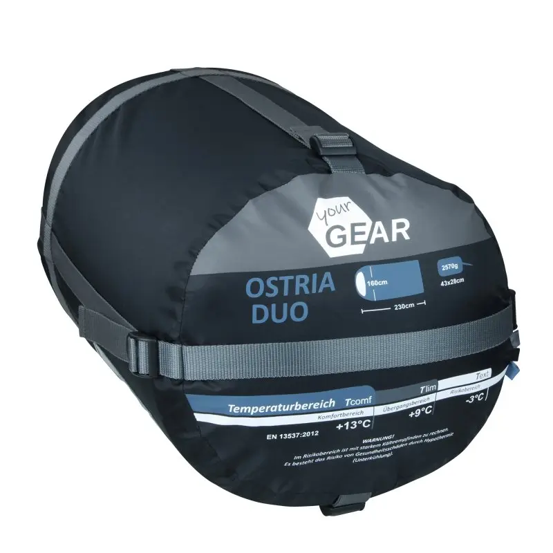 yourGEAR Schlafsack Ostria Duo, blauer und grauer 2-Personen-Deckenschlafsack, verpackt im Kompressionssack, Maße 230x160 cm, Gewicht 2570 g, geeignet bis -3°C, mit Temperaturbereich und Herstellerlogo.