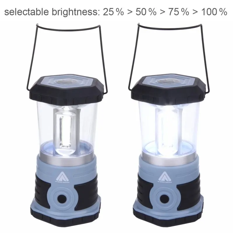 Bright blue 10T HPL 800 camping lantern with 800 lumens, 3 COB LEDs, black handle and base, and selectable brightness levels. Ideal for outdoor use, shown turned on and off. Rugged, water-resistant design.