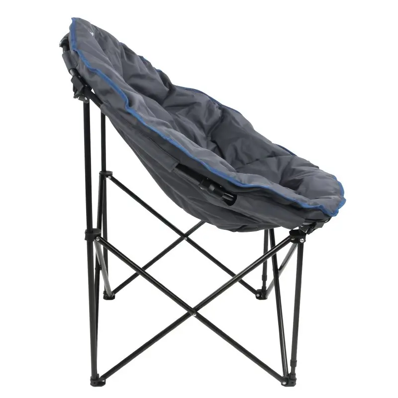 Sedia da campeggio yourGEAR Ortona XXL Moon Chair pieghevole, struttura in metallo nero incrociato, seduta imbottita grigia con bordo blu, diametro 100 cm, portata fino a 130 kg.