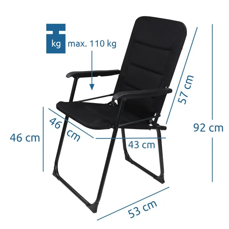 Chaise de camping your GEAR Lipari 3D en mesh noir, dossier haut, accoudoirs, cadre en aluminium, dimensions indiquées (92x53x46 cm), poids max. 110 kg, siège rembourré à séchage rapide, pliable.