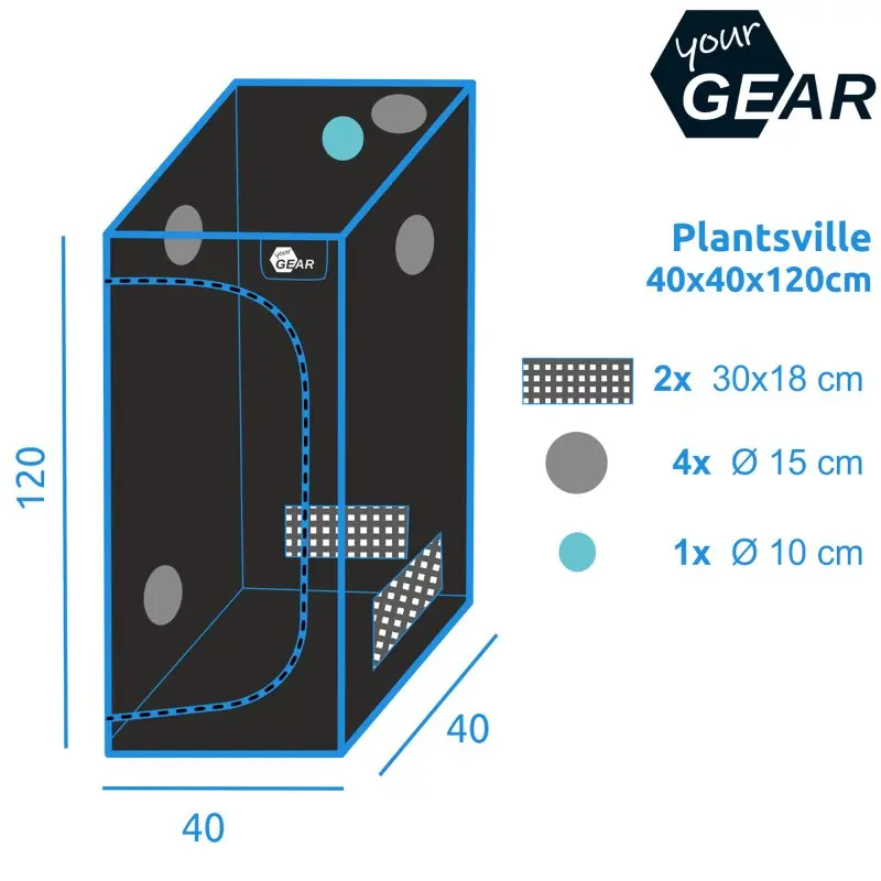 Growzelt yourGEAR Plantsville 40x40x120 cm, schwarzes Indoor-Zuchtzelt mit blauen Kanten, Belüftungsöffnungen, Sichtfenster und Gittereinsätzen, ideal für Pflanzenanzucht, Maße und Öffnungen grafisch dargestellt.