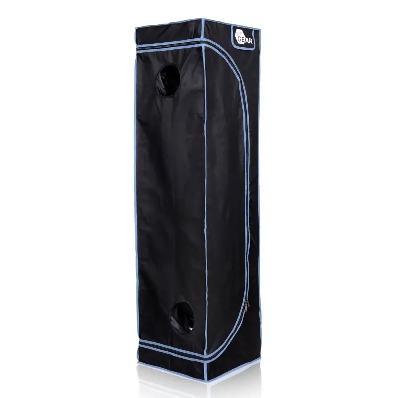 Growzelt yourGEAR Plantsville, Größe 40x40x160 cm, schwarzes Indoor Zuchtzelt mit hellblauen Nähten, zwei runden Belüftungsöffnungen und Logo, ideal für Pflanzenanzucht im Innenbereich.