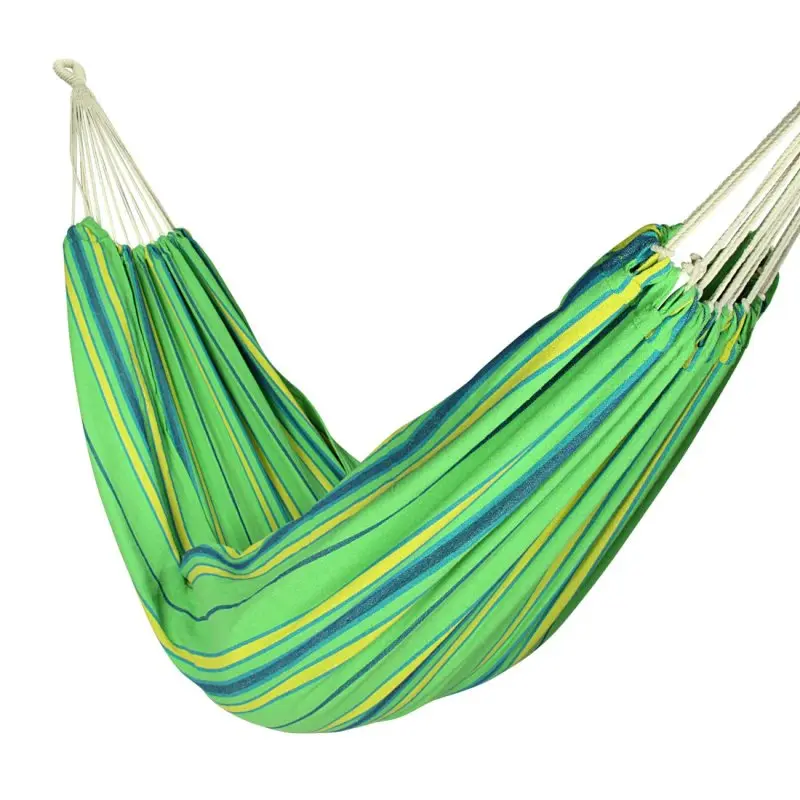 Hängematte 10T Devellin XL für 1 Person, aus 100% Baumwolle, 220x110 cm, grün-gelb-blau gestreift, inklusive Befestigungsseilen, ideal für Garten, Balkon oder Camping.