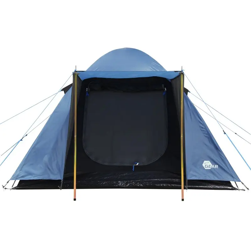 Tente dôme yourGEAR Bosa 3 personnes, bleu et gris, entrée protégée avec auvent, ventilation, tissu imperméable 3000 mm, chambre sombre, idéale camping et festivals, vue de face avec logo yourGEAR visible.