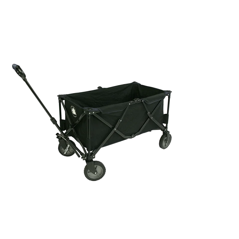 Chariot pliable 10T Foldy Trolley XL noir, structure métallique avec tissu résistant, grandes roues et poignée de traction, idéal pour la plage, le camping ou les sorties en famille.