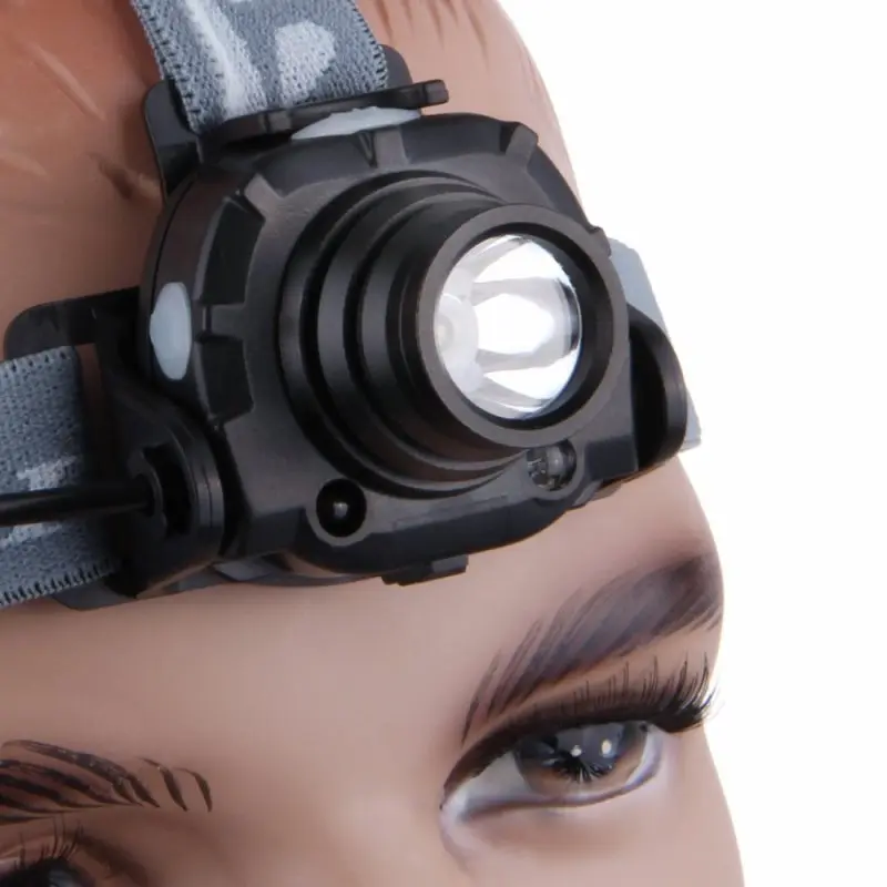 Close-up of the 10T SHL 170 sensor headlamp with CREE XP-E R3 LED, mounted on a mannequin head. Features a black, robust housing, blue adjustable headband, and large lens for outdoor use.