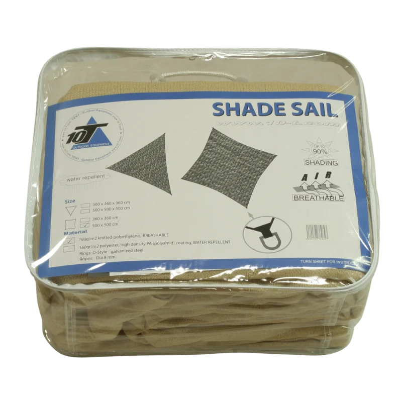 10T Patterson square shade sail 5x5 m in beige, packed in a transparent carrying case with label showing product details, 90% UV protection, breathable, water-repellent, for garden, terrace, or camping use.