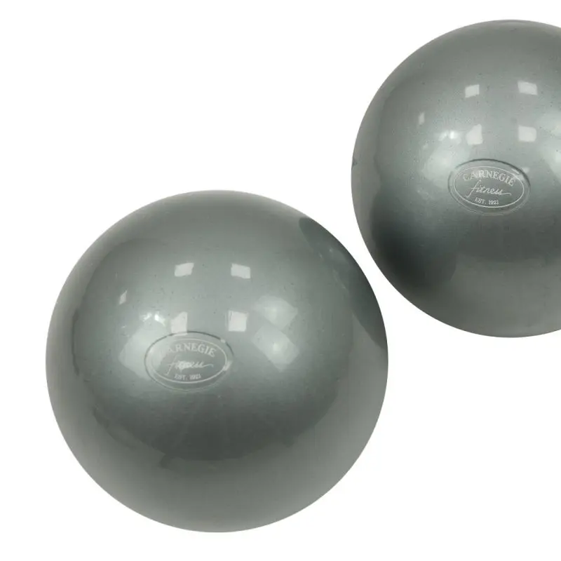 Two grey Carnegie Fitness toning balls with a glossy surface and Carnegie Fitness logo, ideal for yoga, Pilates, and home workouts. Fitness accessory for strengthening and toning exercises.