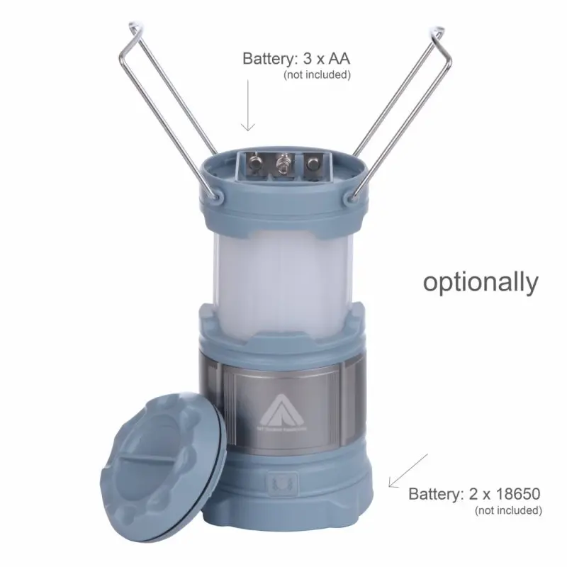 Blue 10T CPL 185 camping lantern with 15 LEDs, 185 lumens, 360-degree lighting, foldable metal handles, removable bottom cap, and dual battery options (3x AA or 2x 18650, not included).