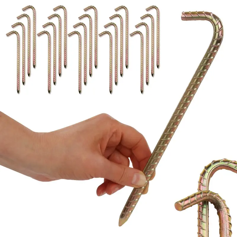 20 rippenverstärkte your GEAR Zeltheringe aus robustem Stahl, 10x250 mm, mit abgewinkeltem Kopf, für Zeltbefestigung; Detailansicht zeigt Hering in Hand und strukturierte Oberfläche für besseren Halt.