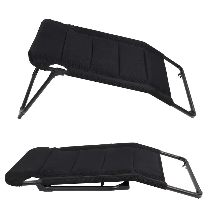 Black yourGEAR Footrest Sovana 3D for camping chairs, shown folded and unfolded; features a padded 3D mesh cover and sturdy aluminum frame, designed as a comfortable leg rest for outdoor furniture.