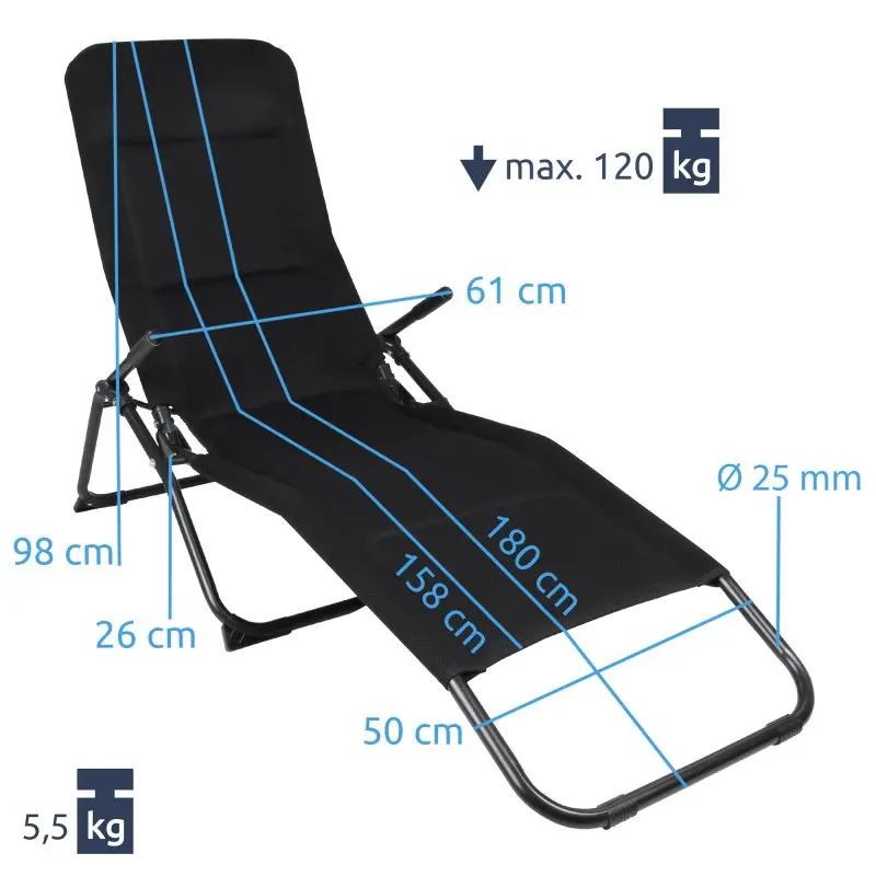 Lettino 3D Gartenliege von yourGEAR, klappbare Sonnenliege mit 3D Mesh-Bezug, Aluminiumrahmen (Ø 25 mm), Kopfkissen, Maße 180x61 cm, bis 120 kg belastbar, Gewicht 5,5 kg, schwarz.