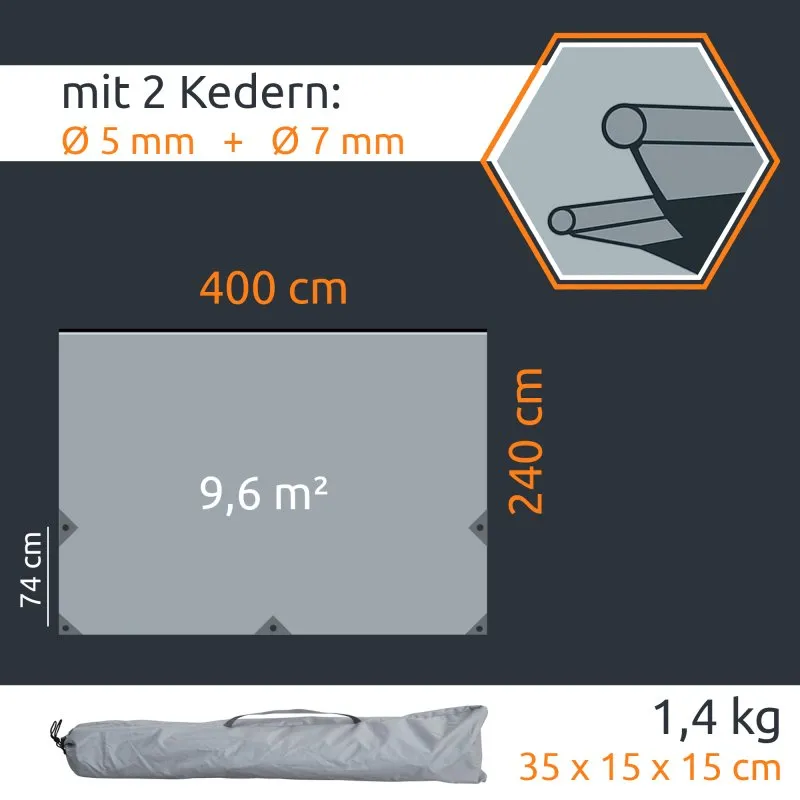 Lona de sol gris your GEAR Cavoli Tarp 400×240 cm (9,6 m²) para caravana, costuras reforzadas, 2 keders Ø5 y Ø7 mm, ojales en esquinas y laterales, plegada en funda gris con asa, peso 1,4 kg, resistente a UV y agua.