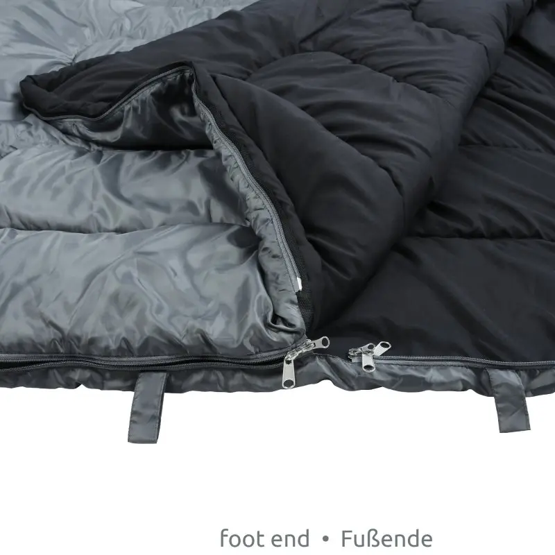 Saco de dormir doble your GEAR Marin para 2 personas, color negro y gris, tamaño 220x150 cm, con cremalleras dobles y material exterior resistente al agua, ideal para camping en 3-4 estaciones.
