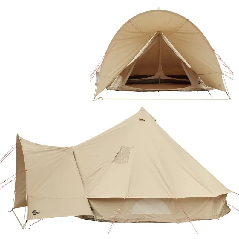 Zelt your GEAR Desert 8 Pro aus beigem Baumwoll-Mischgewebe, Tipi-Form, großes Vordach, Fenster mit Insektenschutz, runder Eingang, für 4-8 Personen, UV50+ Schutz, ideal als Familienzelt beim Camping.
