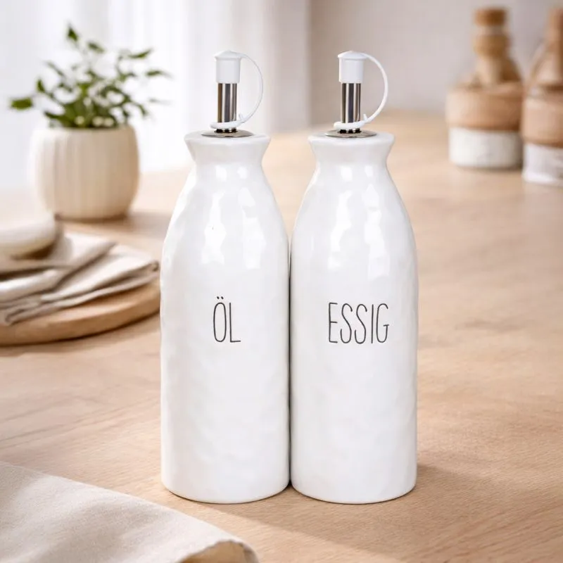 PURWERK Essig und Öl Set Weiß Keramik mit Ausgießer – Hammerschlag-Design