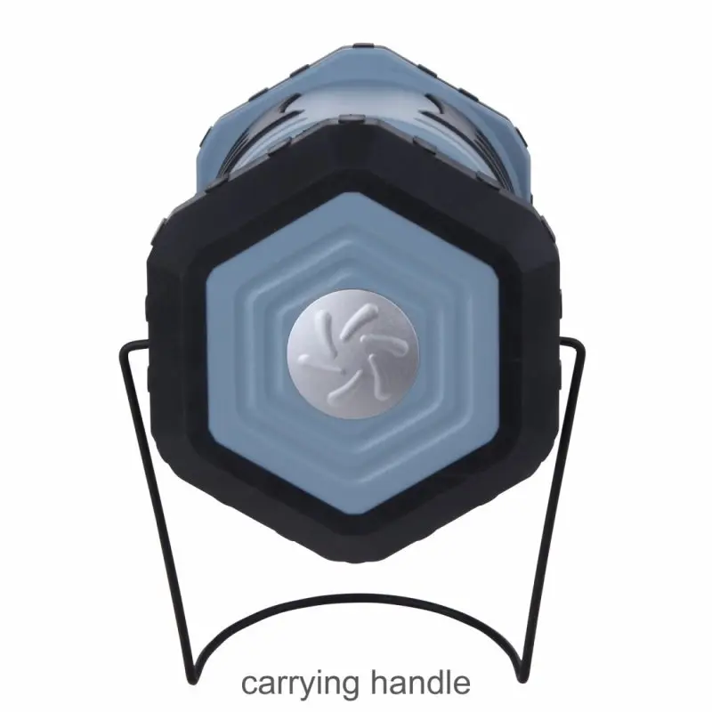 Blue 10T HPL 800 camping lantern with hexagonal shape, black protective edges, metal carrying handle, and central silver button; 800 lumens, COB LED, 15W, designed for outdoor use.