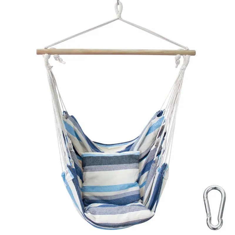 Chaise suspendue yourGEAR Lombok Aqua, rayée bleu et blanc, avec deux coussins carrés assortis, barre en bois pour suspension, mousqueton métallique, capacité 240 kg, idéale pour intérieur et extérieur.