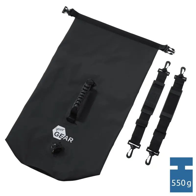yourGEAR Dry Bag 20L in Schwarz, wasserdichter Packsack aus robustem PVC mit Tragegriff, Ventil und zwei abnehmbaren Schultergurten, Gewicht 550g, ideal als Rucksack für Outdoor und Wassersport.