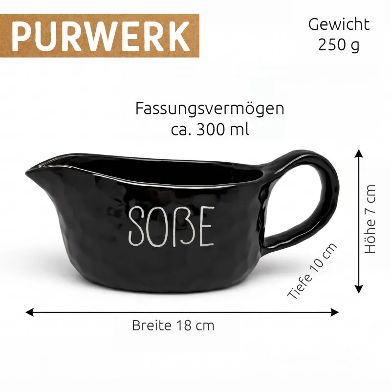 PURWERK Sauciere Soßenkännchen Schwarz Keramik – Hammerschlag-Design