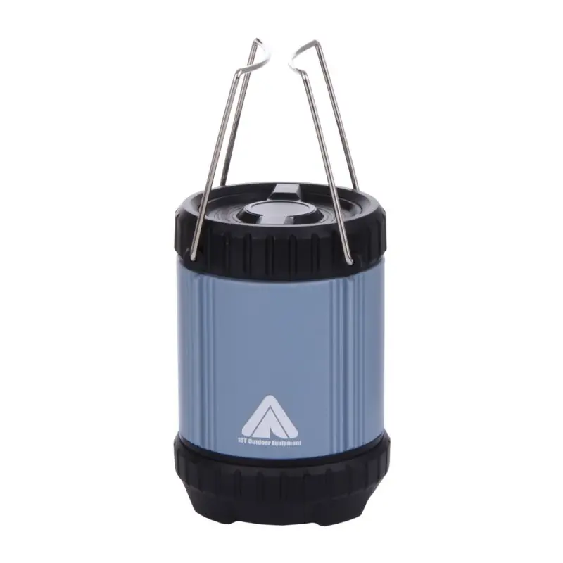 Blue 10T COL 300 collapsible camping lantern with 300 lumens, COB LED 5W, black base and top, silver carrying handles, durable ABS plastic, compact outdoor light for camping and outdoor use.