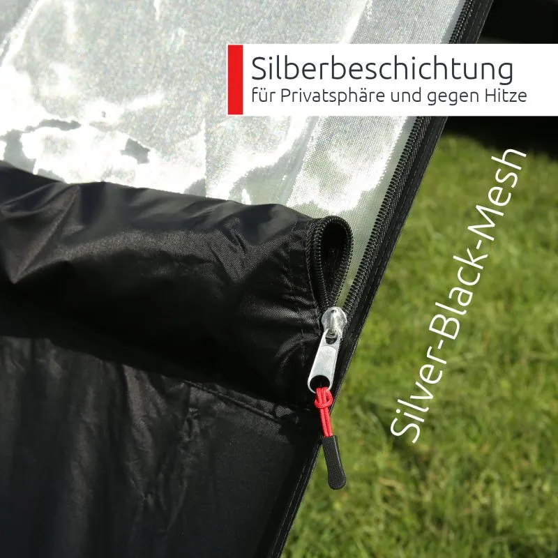 Bord avant de markise your GEAR Phoenix 240x200 cm, fermeture éclair métallique avec tirette rouge, tissu cover noir et mesh argenté-noir réfléchissant offrant protection contre soleil, pluie et visibilité réduite.