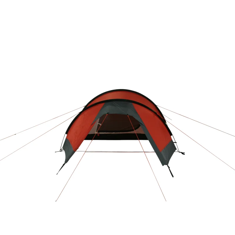 Tente trekking 10T Silicone Valley 3 personnes, imperméable 5000mm, en rouge et gris, forme tunnel, haubans visibles pour stabilité, idéale camping et randonnée, entrée frontale.
