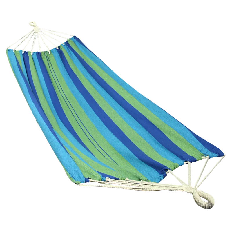 Hängematte 10T AzurinXL für 1 Person, 220x110 cm, aus 100% Baumwolle, mit blauen und grünen Streifen, inklusive Befestigungsseil und Ösen, ideal für Garten, Balkon oder Camping.
