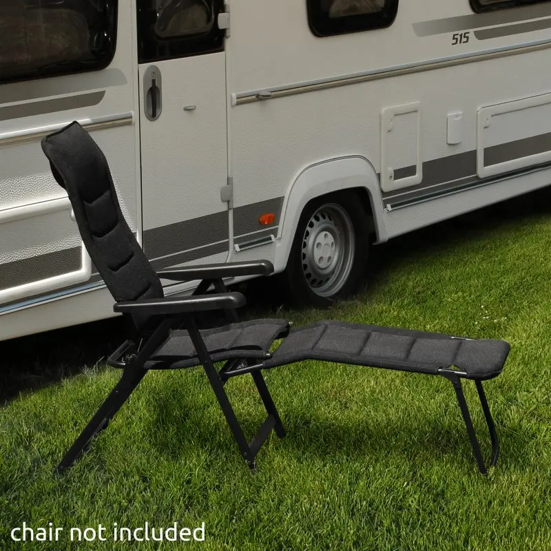 yourGEAR Footrest Sovana 3D leg rest for camping chair, shown attached to a black high-back chair. Features sturdy aluminum frame and breathable 3D mesh cover, ideal for outdoor use. Chair not included.