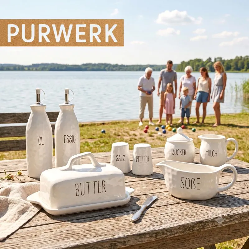 PURWERK Essig und Öl Set Weiß Keramik mit Ausgießer – Hammerschlag-Design