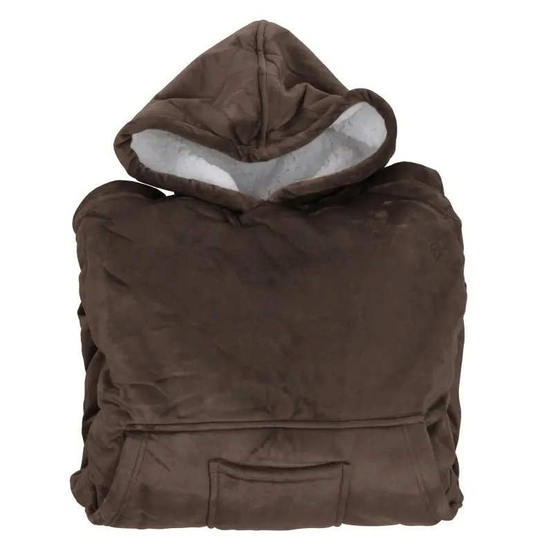 yourGEAR Davos Sherpa Hoodie Decke in Braun, große Kapuze, weiches Velours außen, flauschiges weißes Sherpa-Futter innen, vorne mit Tasche, Unisex, zusammengelegt dargestellt.